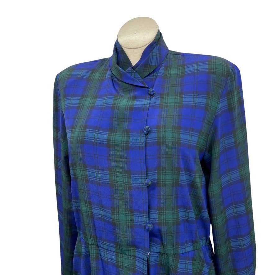 Vintage 90s Blue Plaid Shirt Dress Knotted Buttons Down Front Talbots Size 14