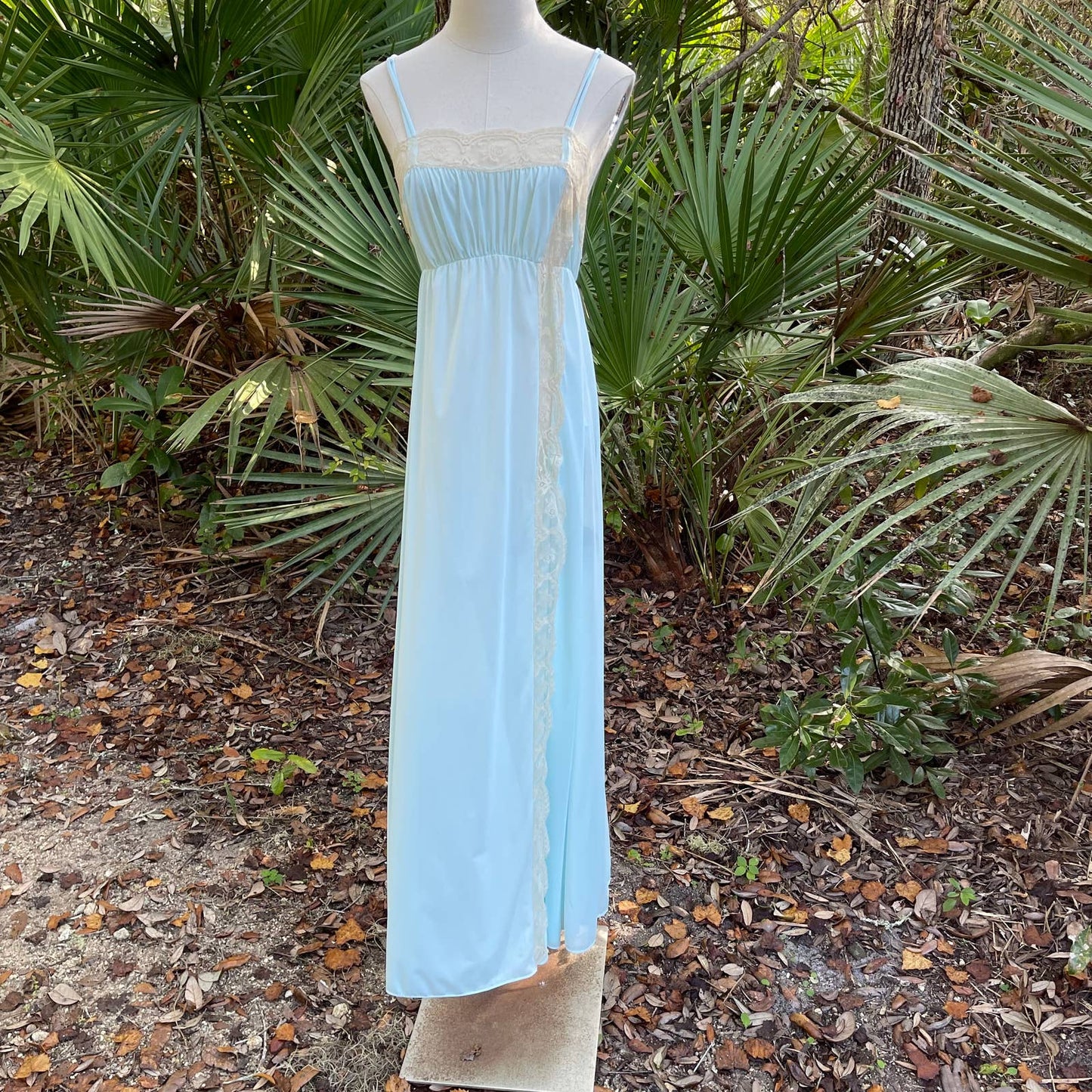 Vintage 70s Maxi Nightgown with Cream Lace Trim Blue Mist Boho Olga Size 34