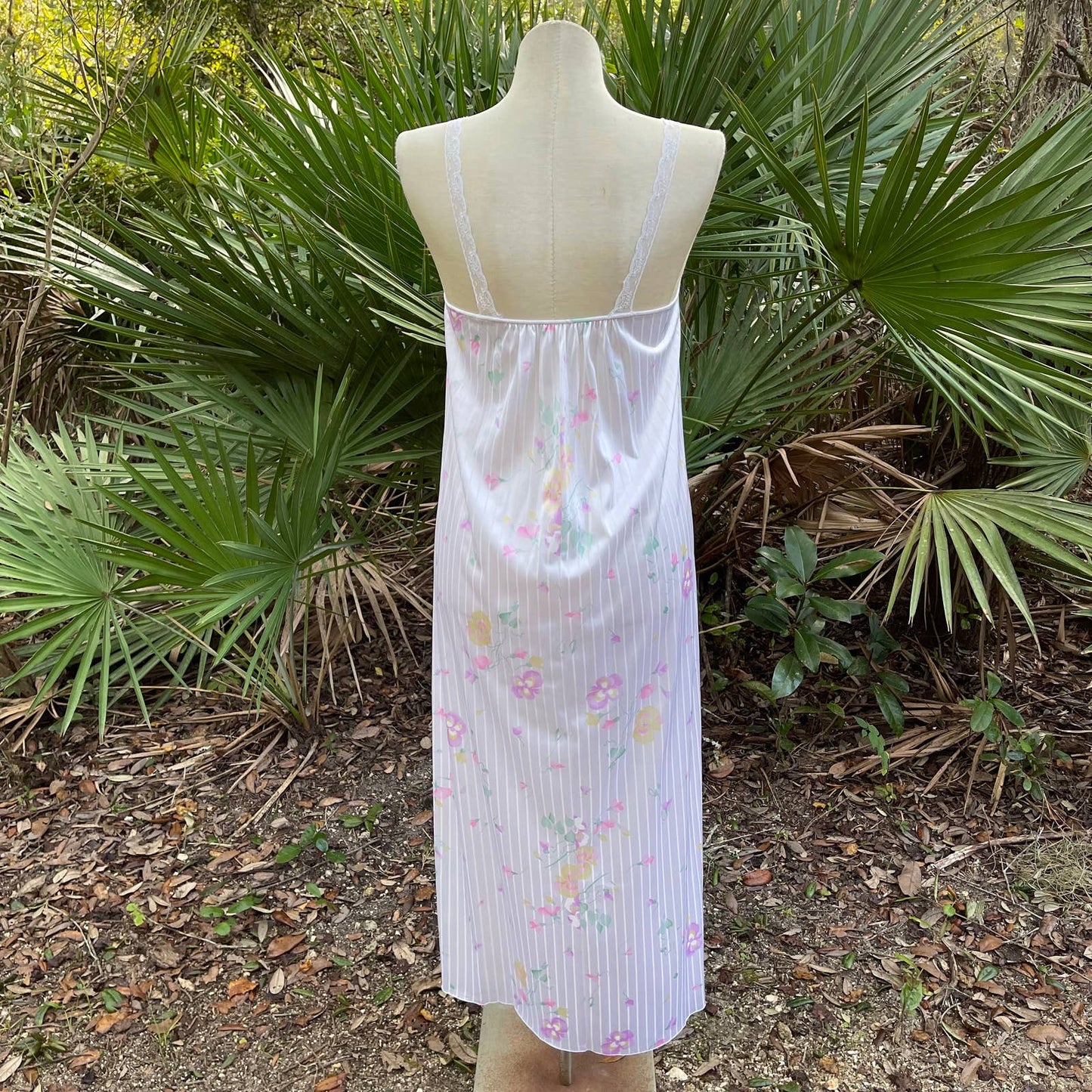 Vintage 70s White Striped Floral Nightgown Maxi Sleeveless Vanity Fair Size S M