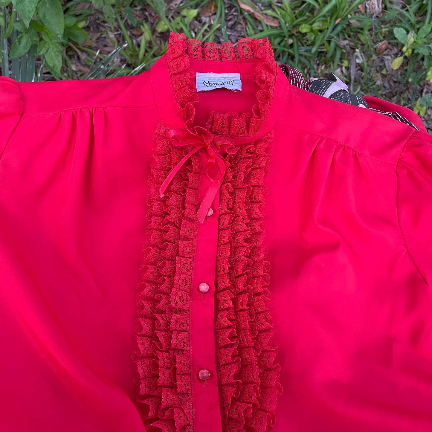 Vintage 80s Bright Red Tuxedo Ruffle Button Up Blouse Rhapsody Size M L