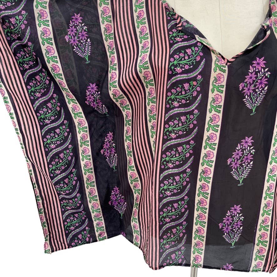 Vintage 90s Silk Halftan Blouse Top Black Stripes Floral Keyhole Persaman Sz 1X