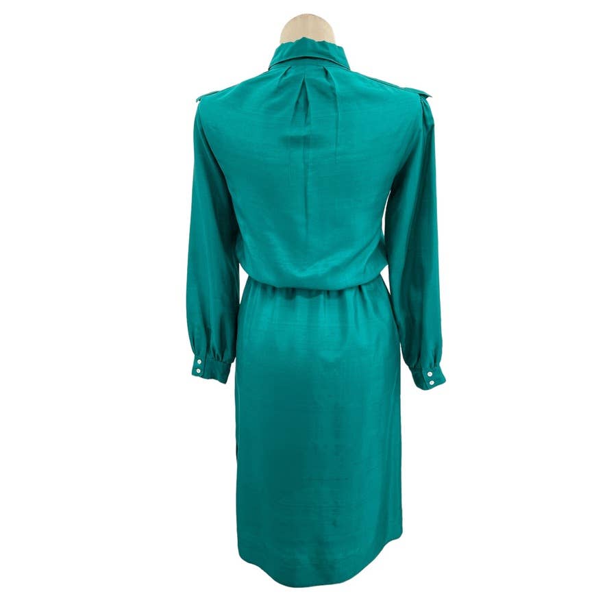 Vintage 80s Teal Silk Midi Shirt Dress Long Sleeve Diane Von Furstenburg Size 10
