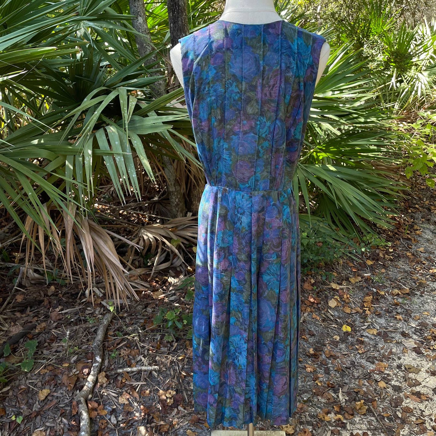 50s Vintage Floral Sleeveless Day dress Blue and Purple Handmade Size S