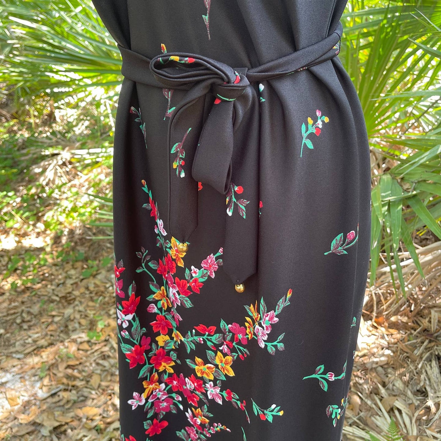 Vintage 70s Black Floral Maxi Dress Sleeveless Lorac Originals Volup Size 16