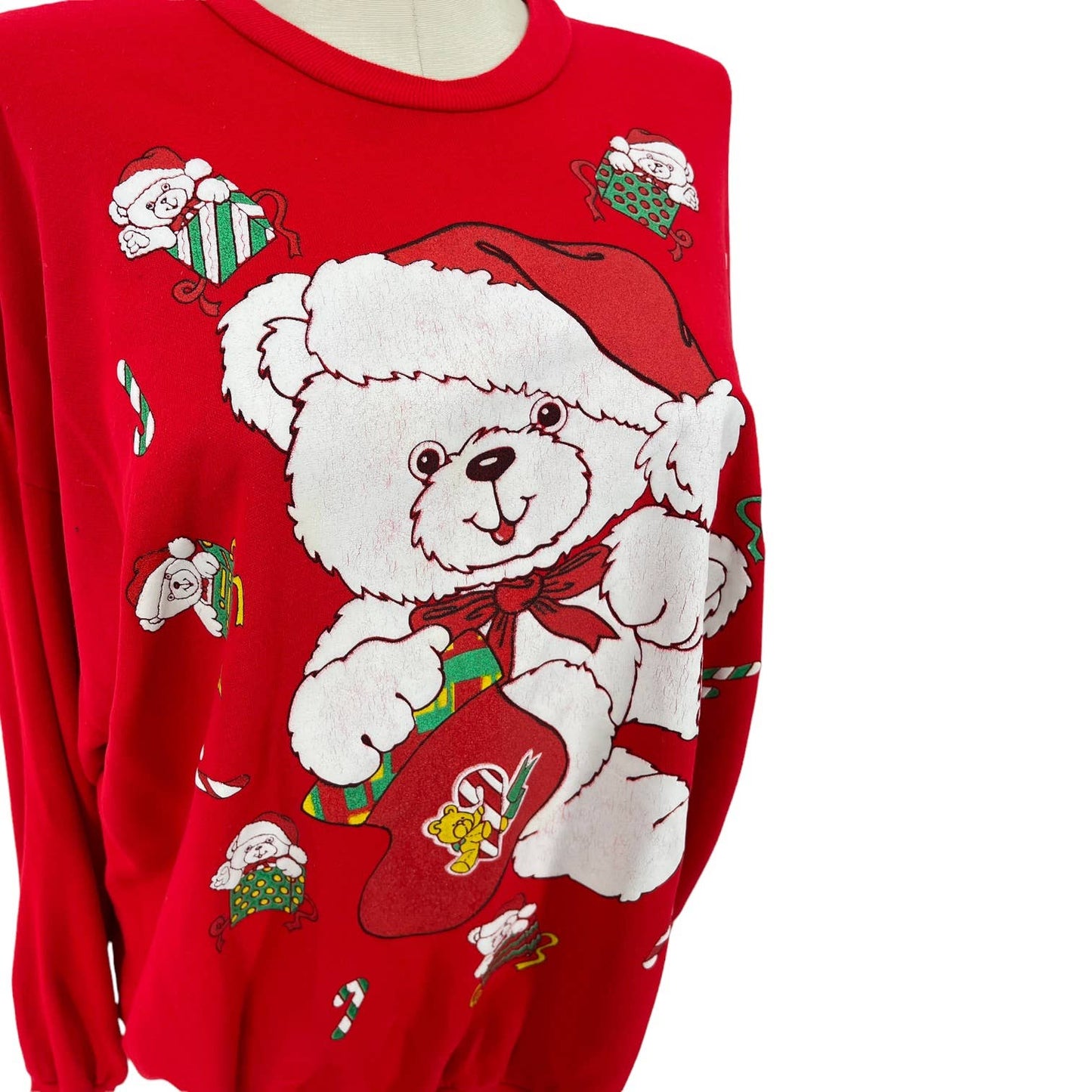 Vintage 80s Red Teddy Bear Christmas Holiday Sweatshirt Volup Linda Lori Size 1X