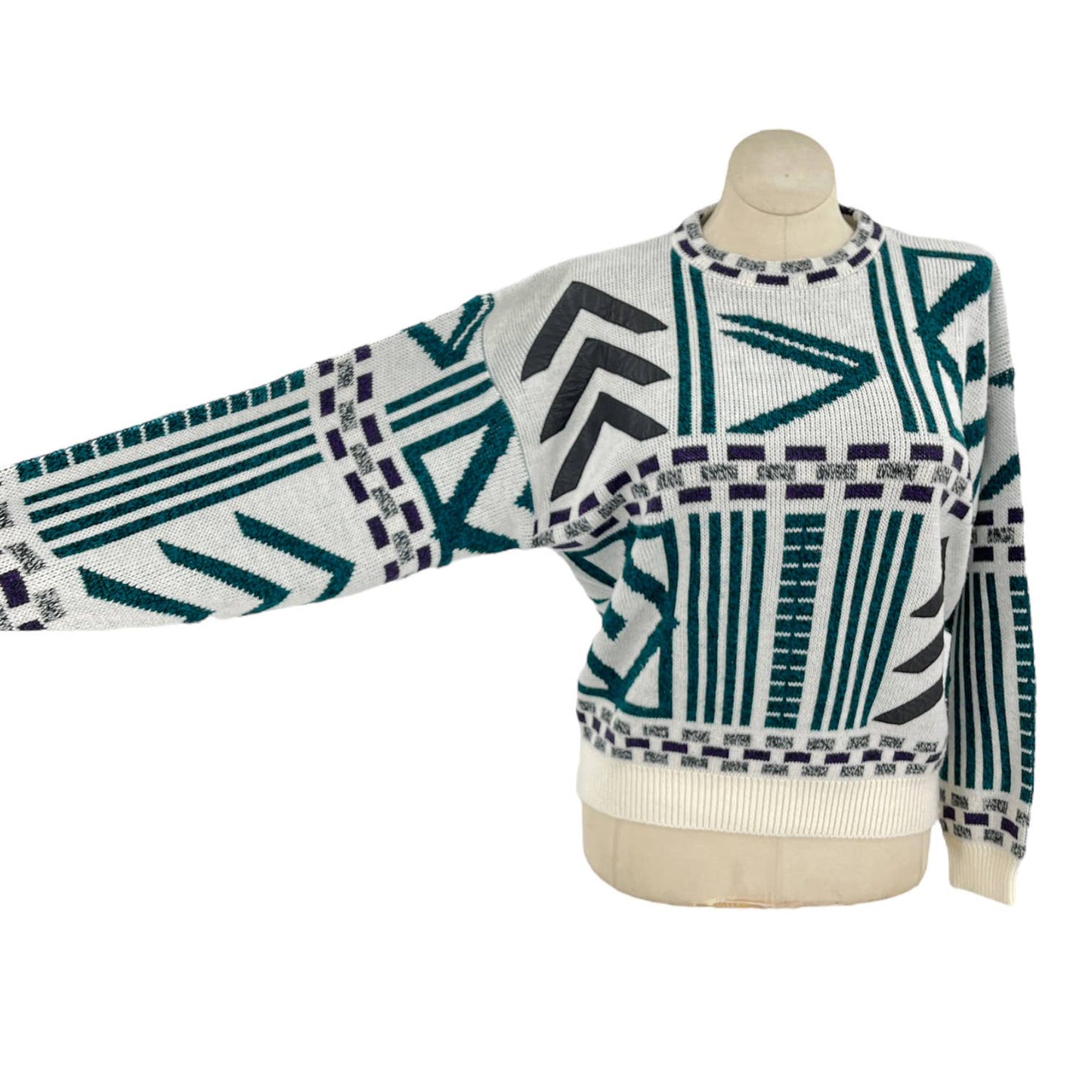 Vintage 80s Cream Geometric Sweater Leather Details Pullover El Dorado Size XL