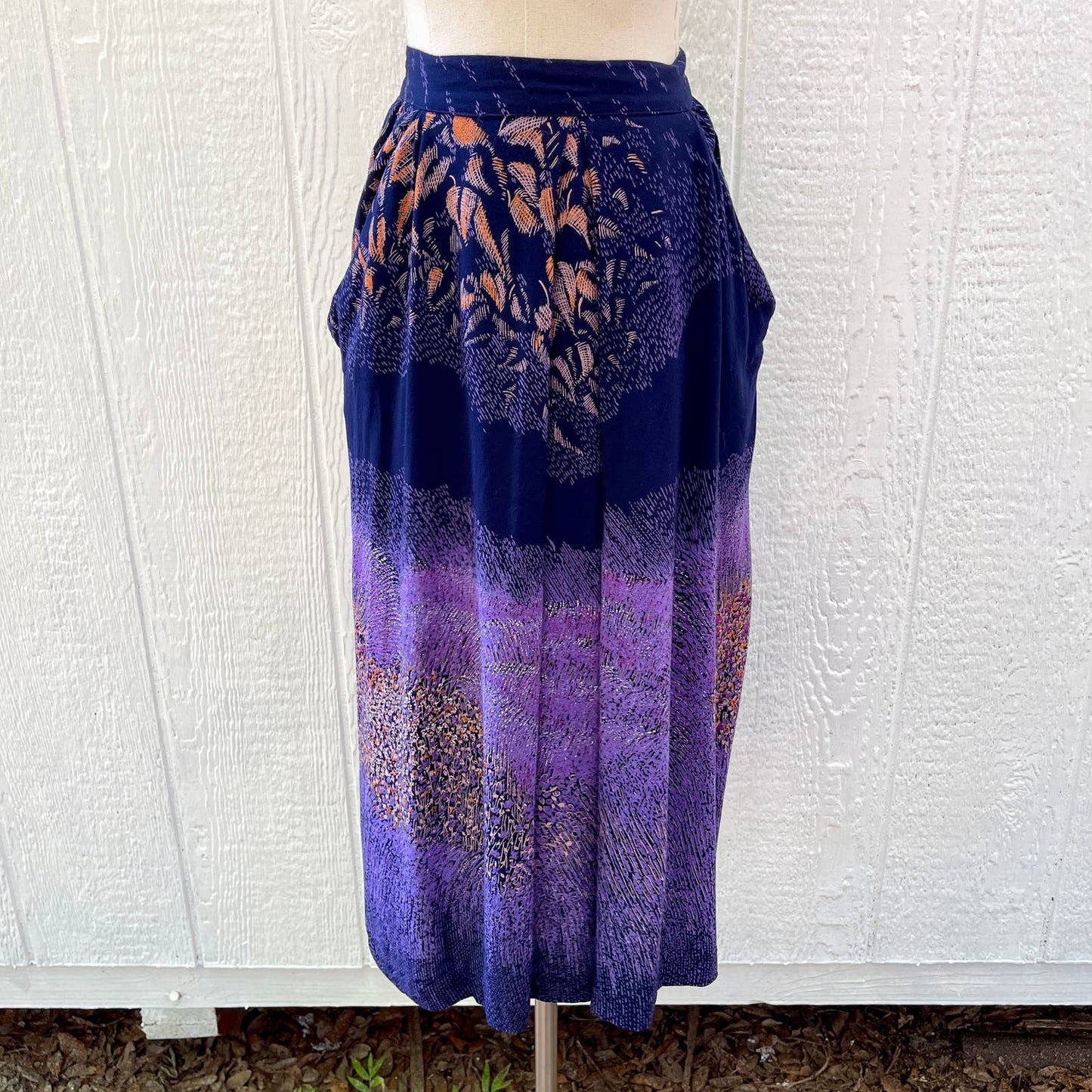 Vintage 70s Dark Blue Midi Skirt Rayon Abstract Floral Pockets Sharon's World S