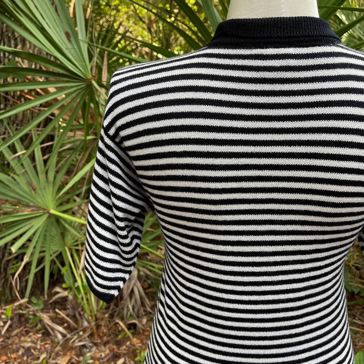 Vintage 90s Knit Dress Shorts Sleeve Black White Striped Liz Claiborne Size M