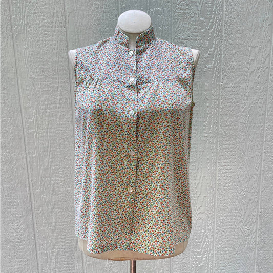 Vintage 70s Floral Cotton Sleeveless Blouse Button Up Top Orange Hippie Size M L