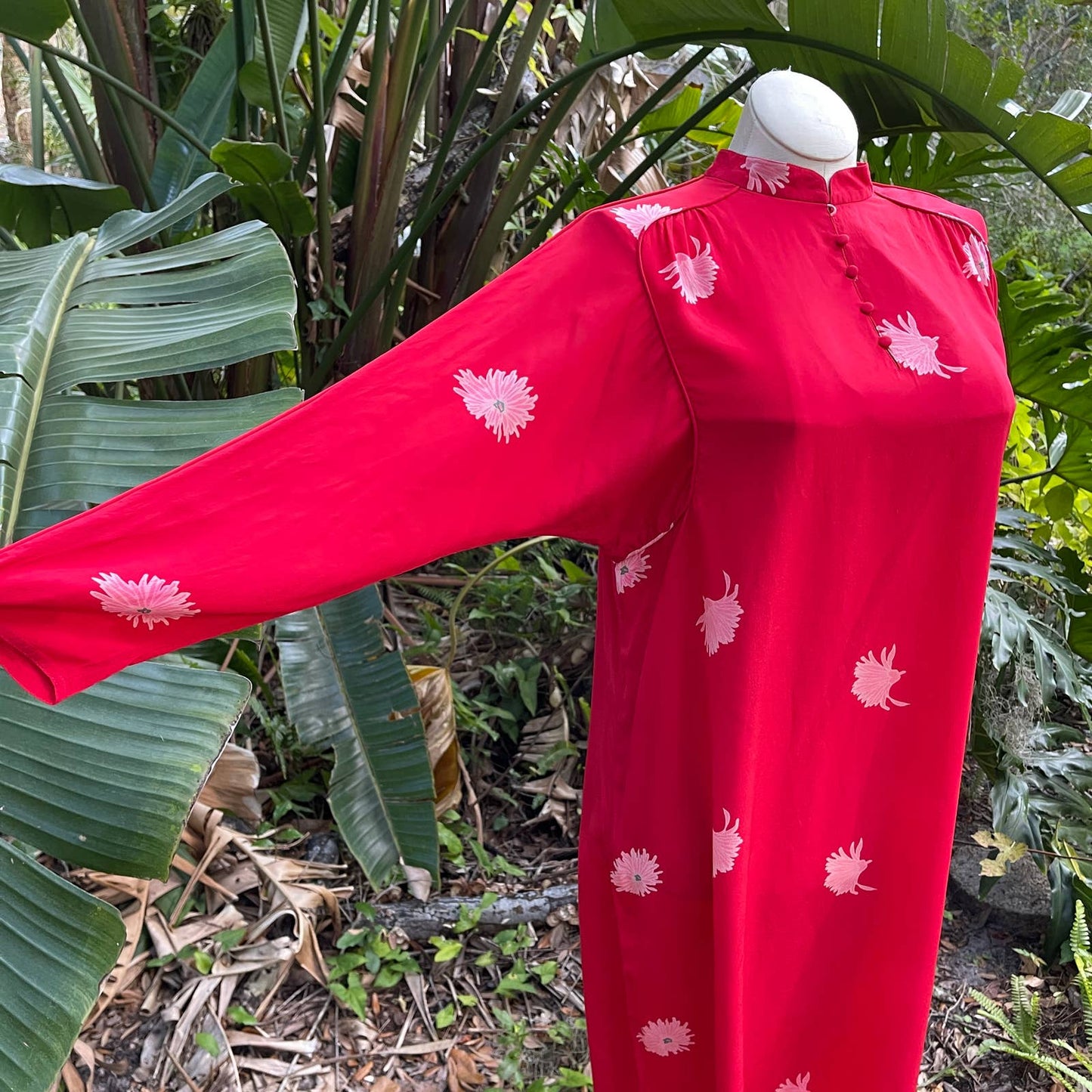 Vintage 70s Red Silk Asian Inspired Dress Floral Long Sleeve Rita Angelo M L