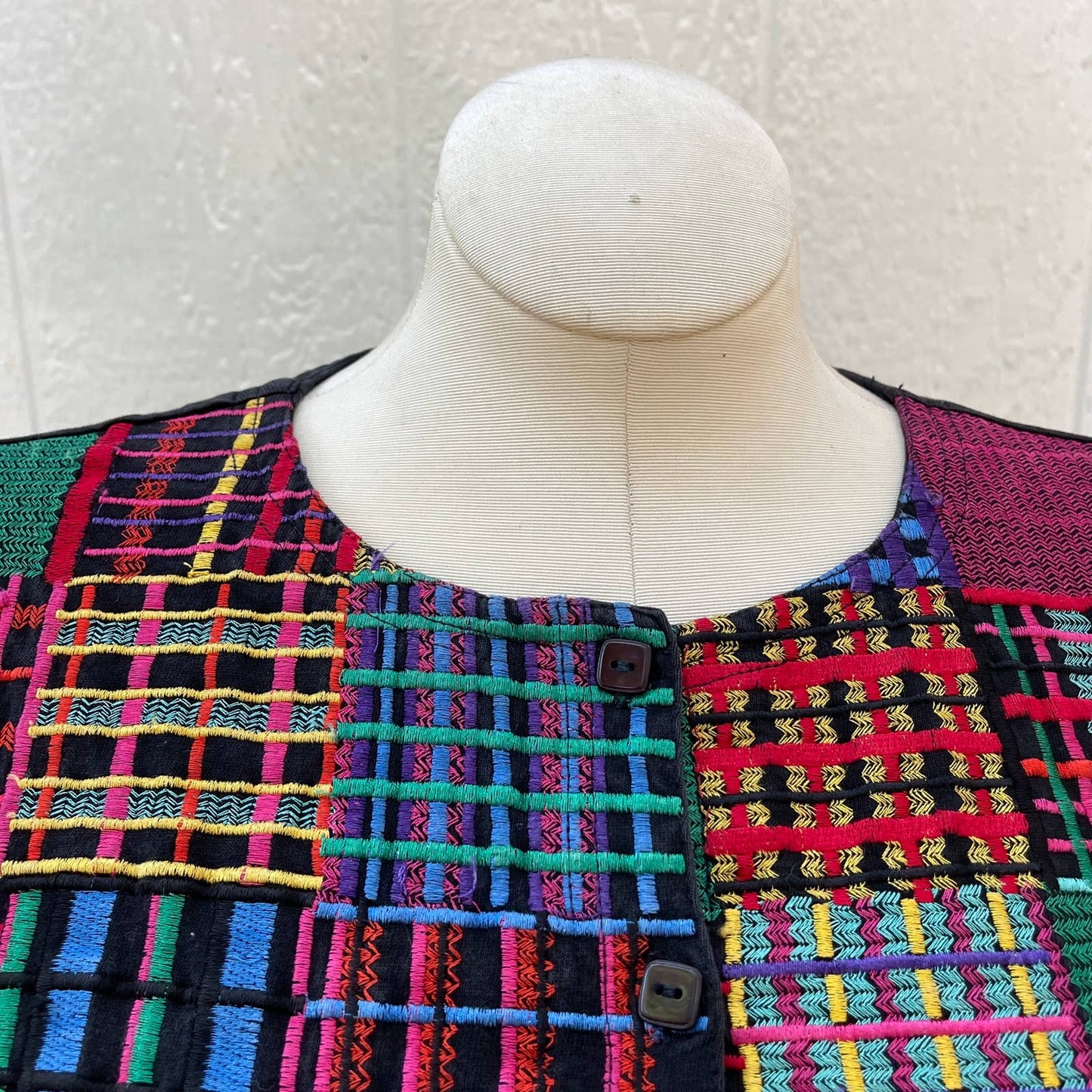 Vintage 90s Black Maxi Dress Colorful Embroidery Long Sleeves Michael Simon Sz M