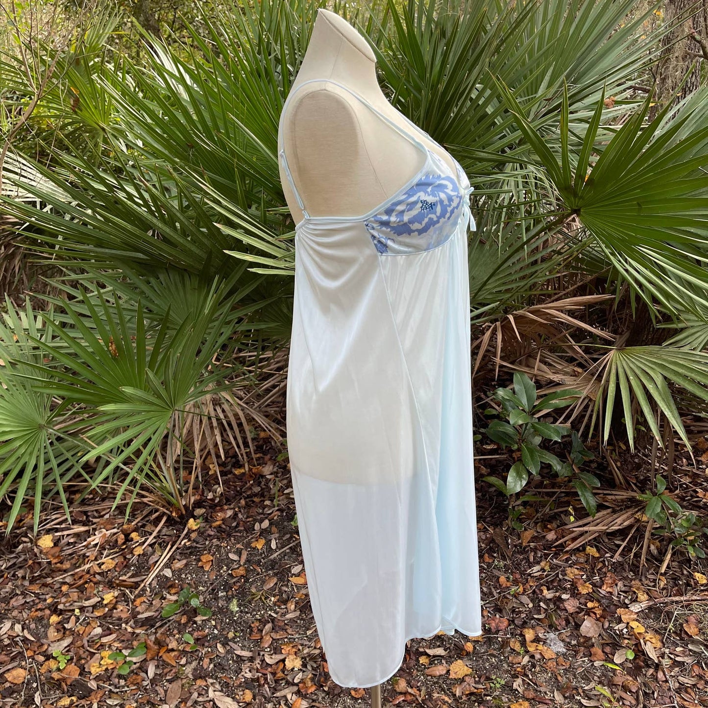 Vintage 90s Y2K Blue Slip Nightgown Floral Bust Midi Length Vneck Size M