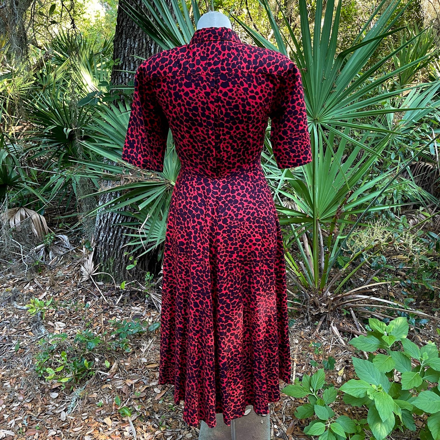 Vintage 80s Red Cheetah Print Shirt Dress Linen Short Sleeve Kenar 2 Size 10