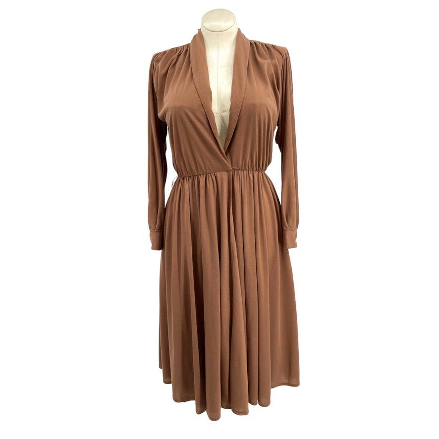 Vintage 70s Brown Earthy Wrap Midi Dress Full Skirt LS Albert Capraro Size 10