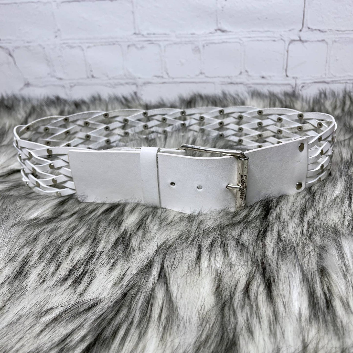 Vintage 90s Woven Leather Belt White with Silver Studs Calvin Klein Size S