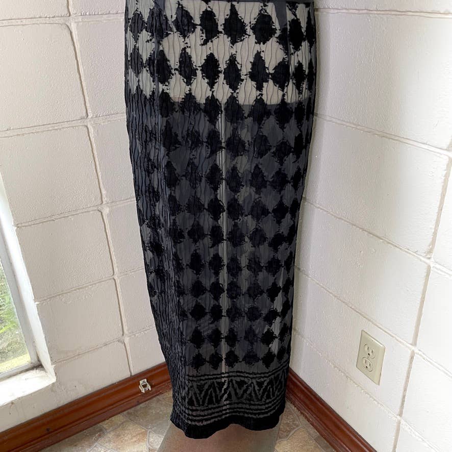 Vintage 90s Black Velvet Burnout Geometric Maxi Skirt Slit Sheer Another Thyme L