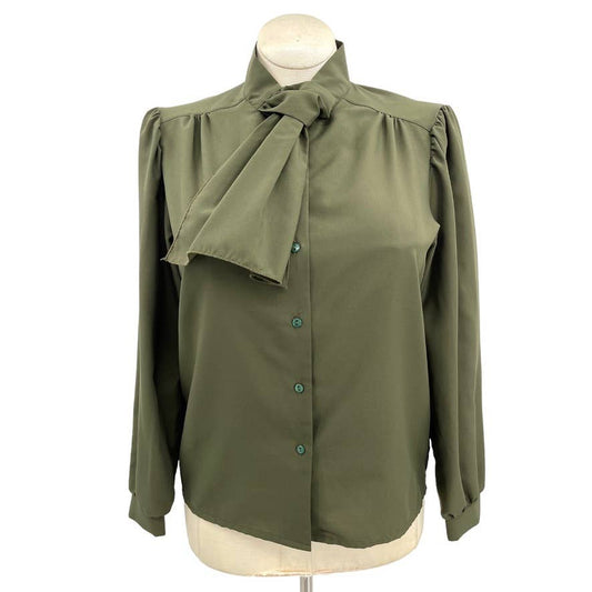 Vintage 80s Olive Green Button Up Blouse Long Sleeve Jabot Donnkenny Size M L