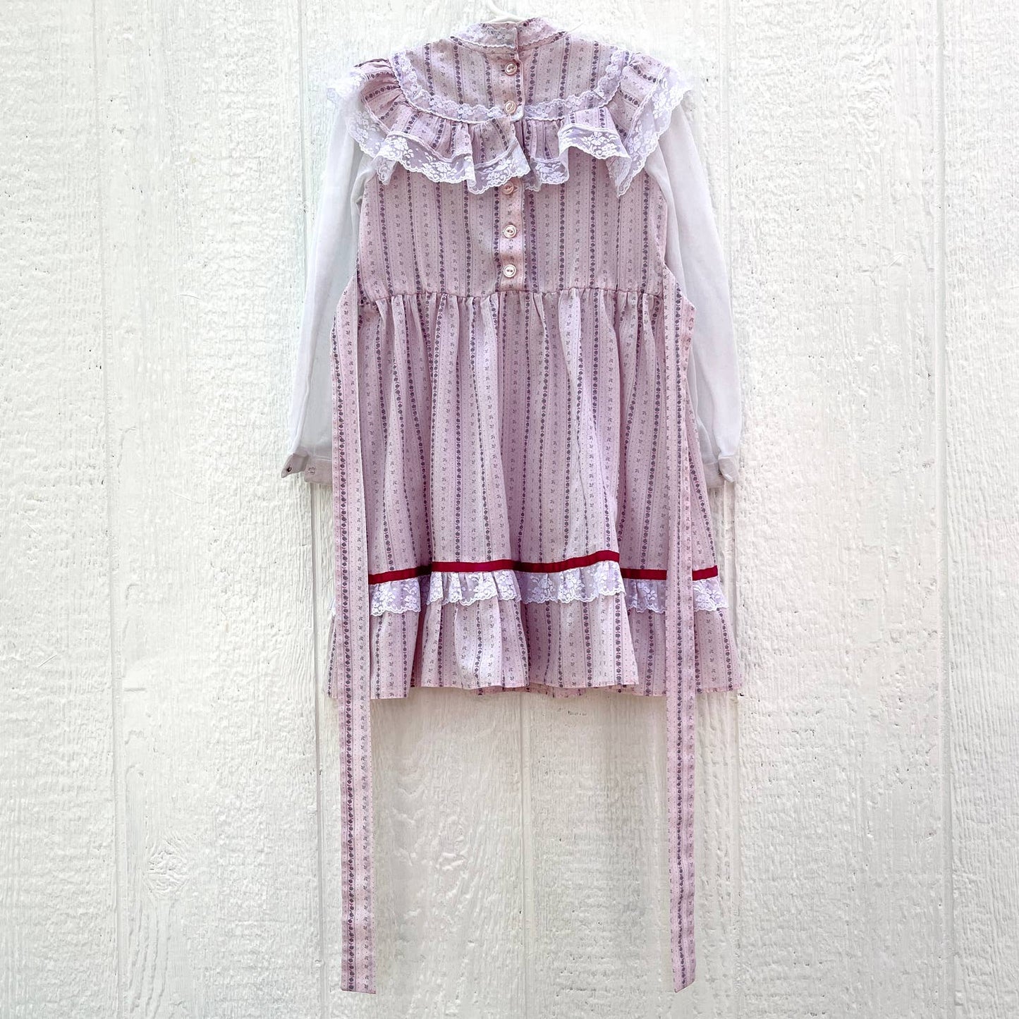 Vintage 70s Pink Cotton Prairie Style Midi Dress Long Sleeves Girls Size 6 7