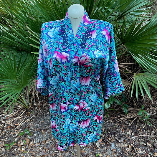 Vintage 90s Blue Satin Short Robe Duster Floral Kimono California Dynasty Size M
