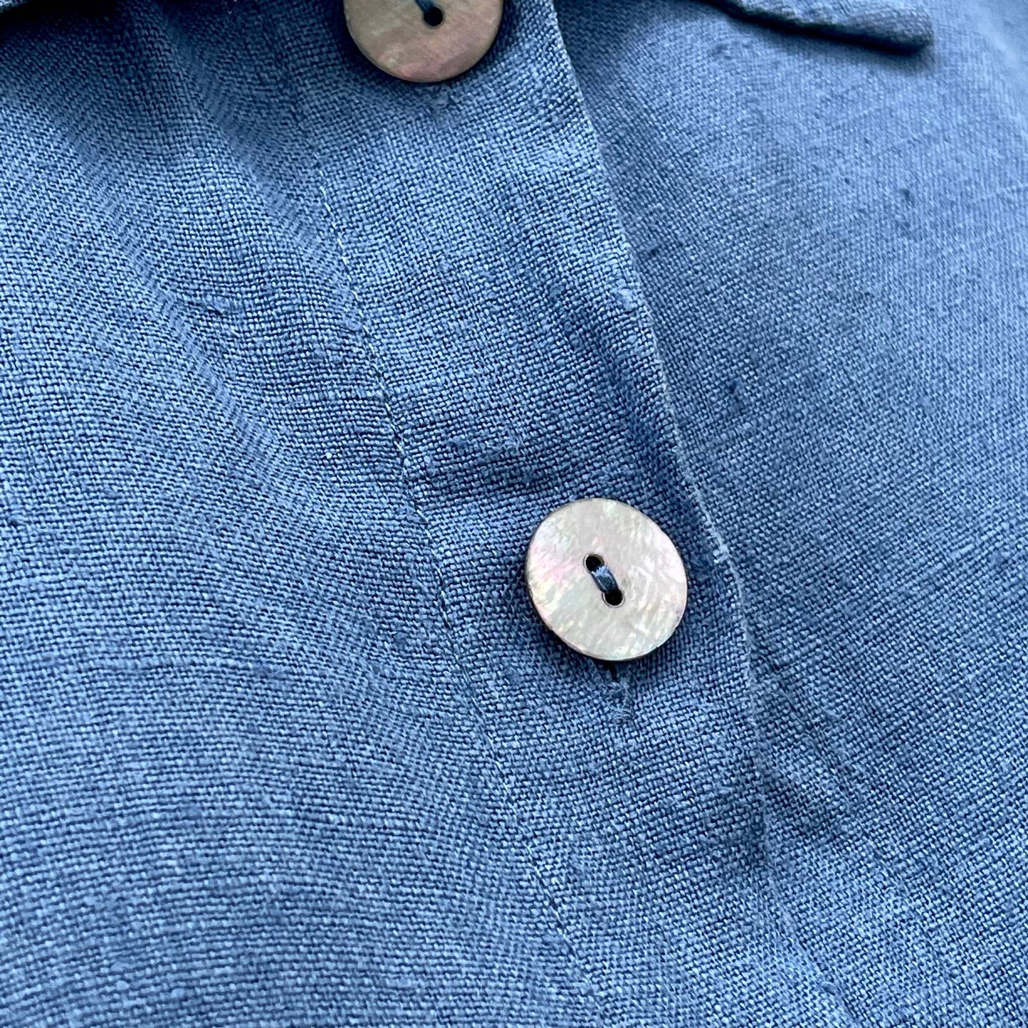 Vintage 90s Blue Linen Midi Dress Button Front Short Sleeves Pockets Fads Size L