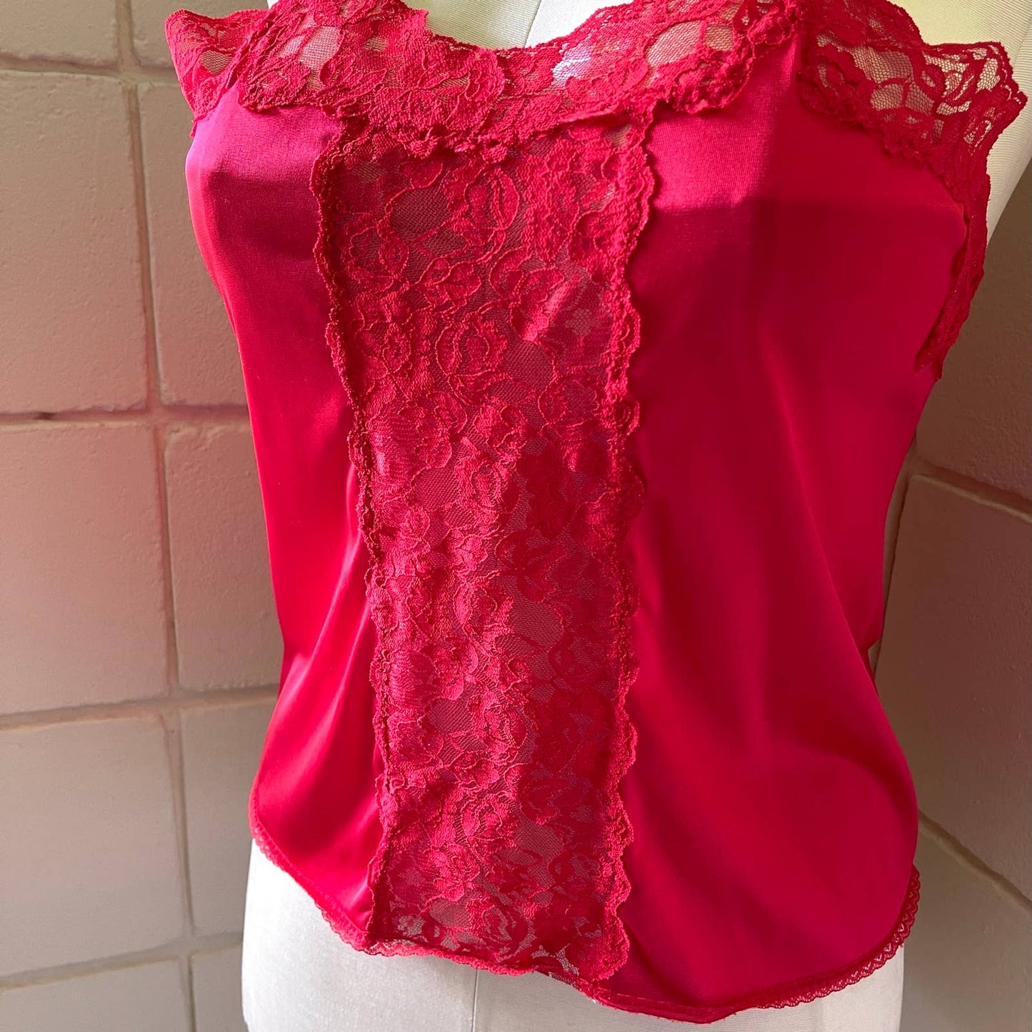 Vintage 80s Red Cami Lace Panel Sleeveless Top Lingerie Sexy Boudoir Size M L
