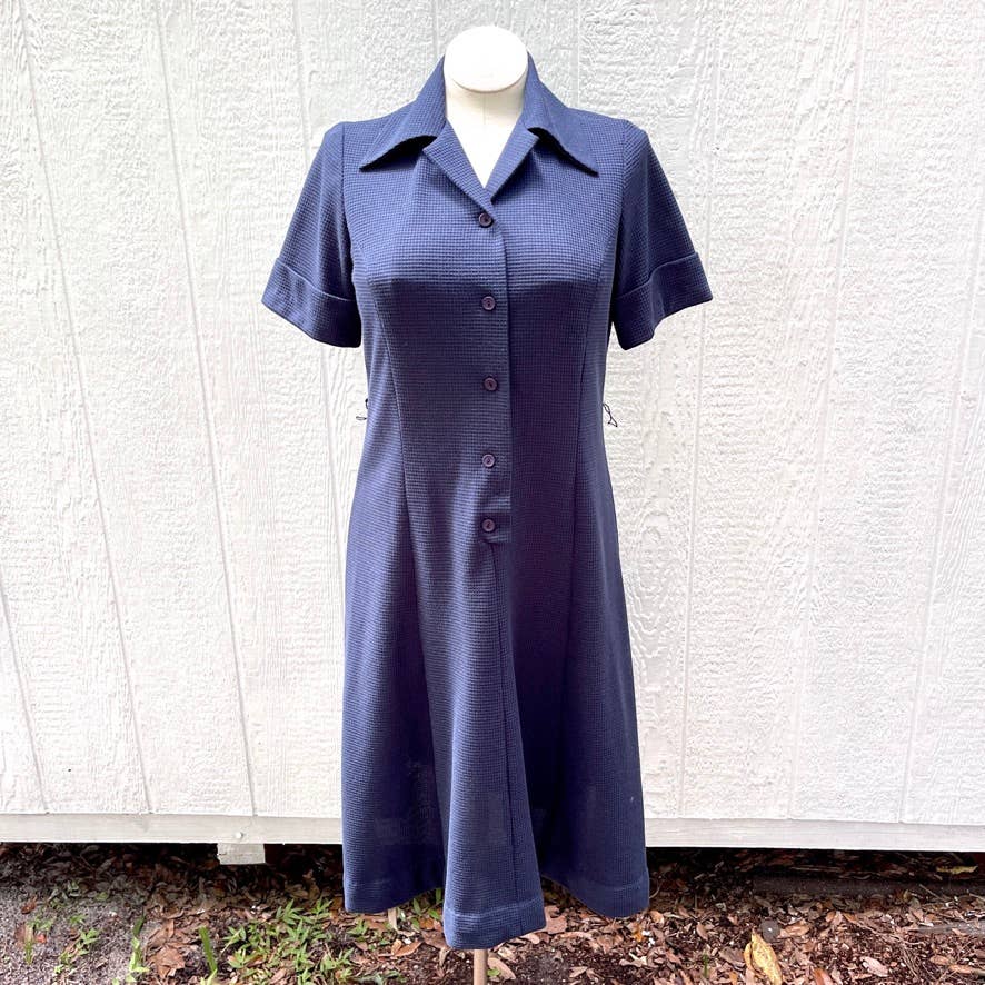 Vintage 70s Blue Waffle Knit Midi Dress Short Sleeve Vneck Buttons Femme Size L