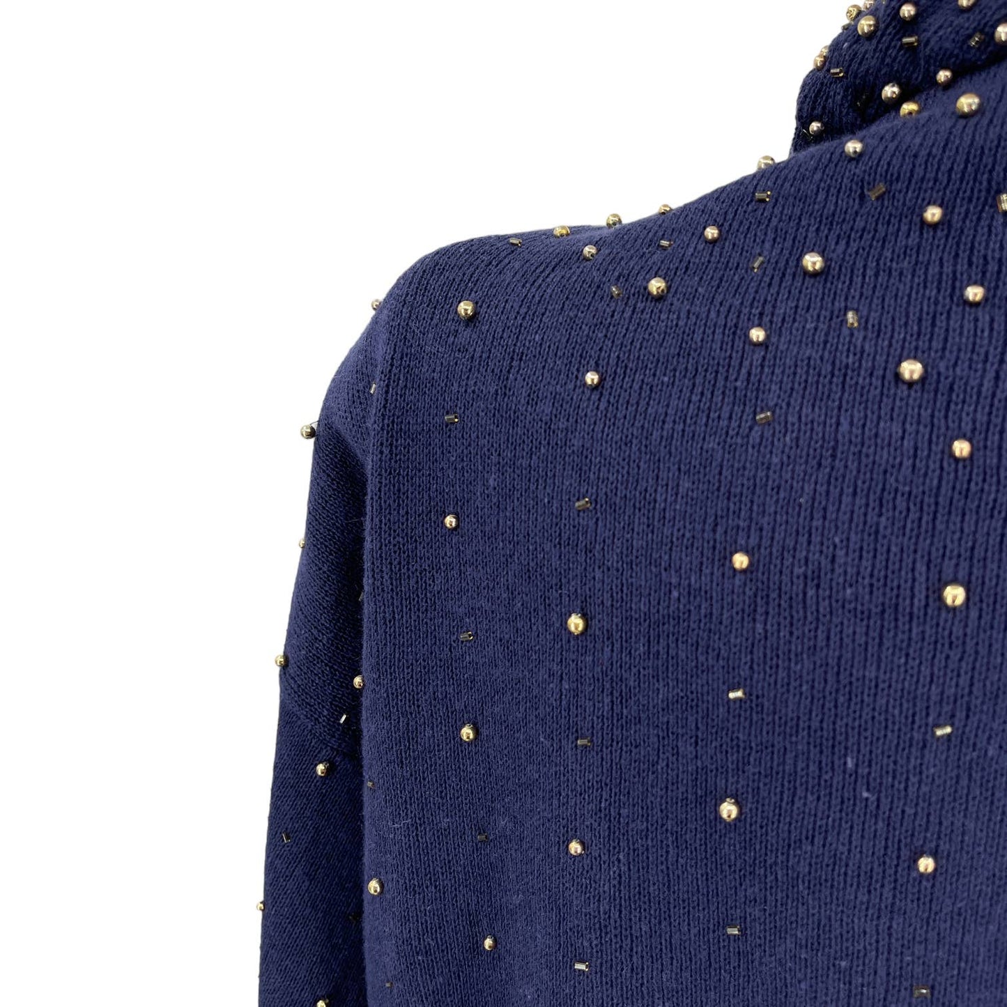 Vintage 80s Navy Blue Gold Beaded Cowl Neck Sweater Bonnie Boerer Size M