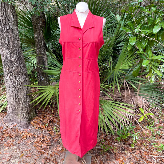 Vintage 90s Button Front Maxi Dress Sorbet Red Sleeveless Dani Max Size 14
