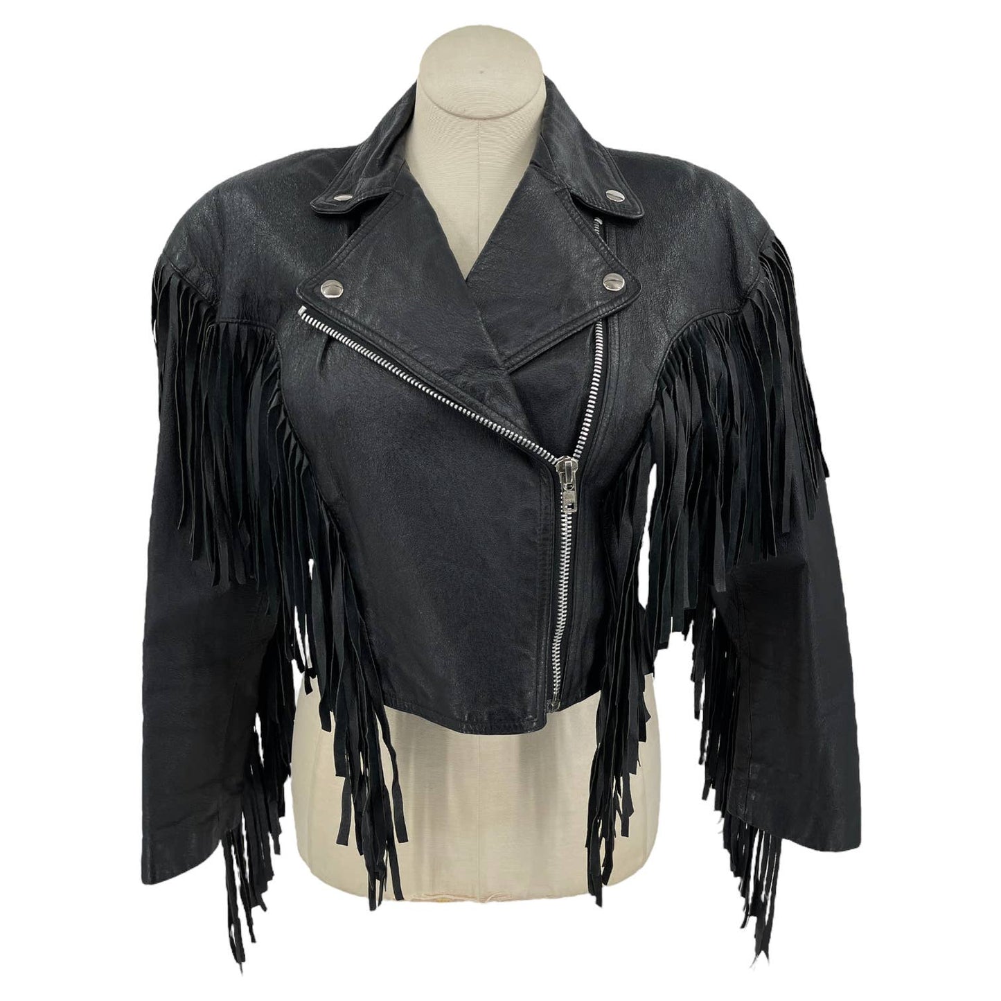 Vintage 80s Black Leather Jacket Fringe Cropped Zipper Explorations Size M