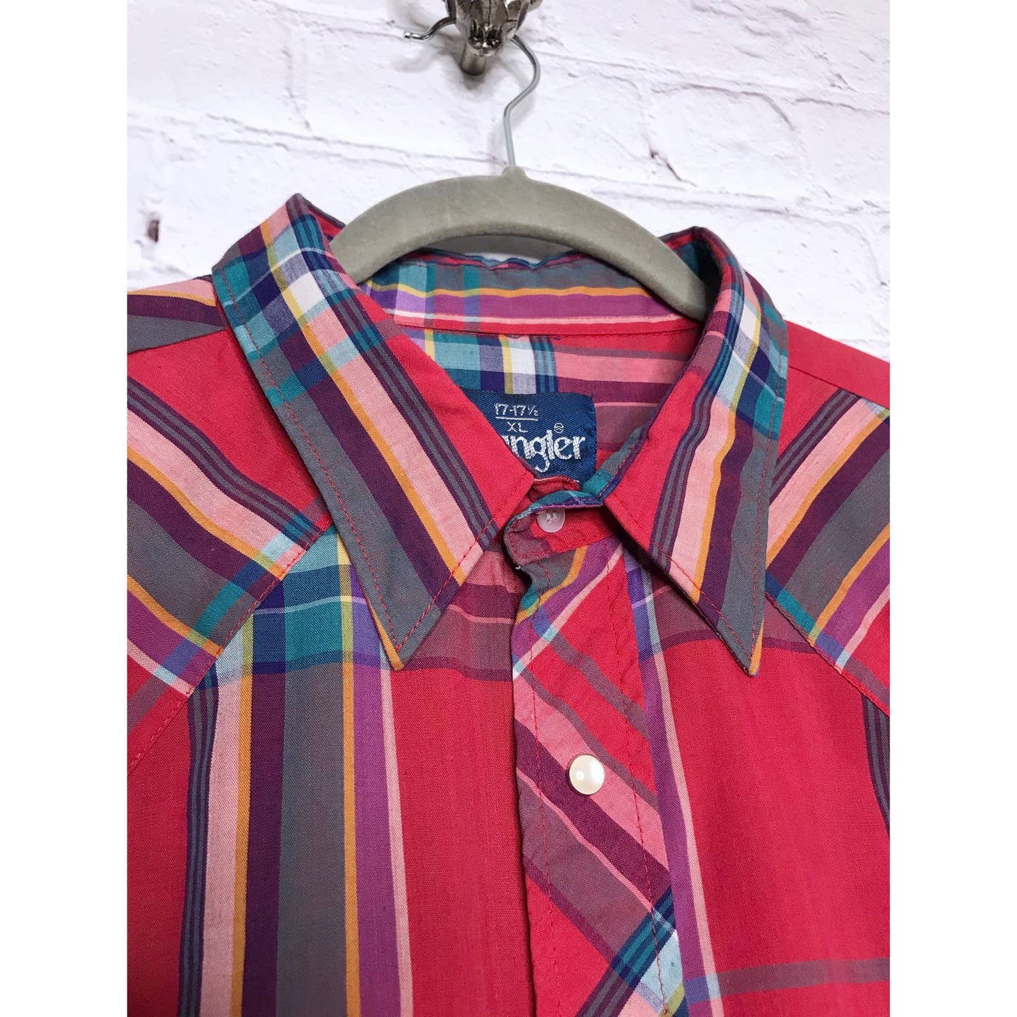 Vintage 90s Pink Plaid Pearl Snap Button Down Shirt Wrangler Size L XL