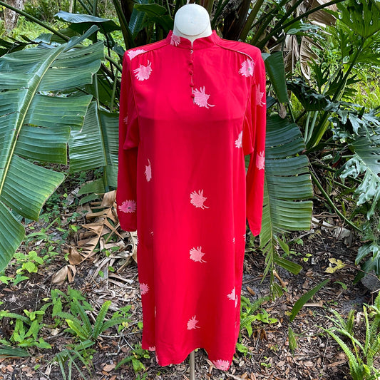 Vintage 70s Red Silk Asian Inspired Dress Floral Long Sleeve Rita Angelo M L