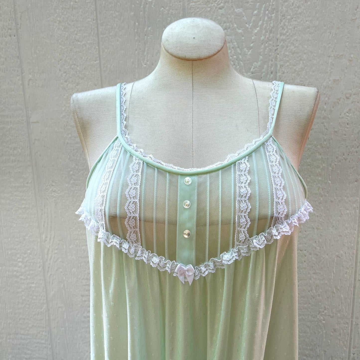 Vintage 70s Sea foam Green Nightgown Maxi Sleeveless Wide Trim Gilead Size S