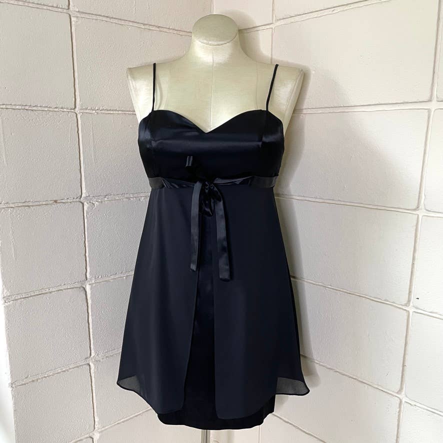 Vintage 90s Black Satin Babydoll Mini Dress Wrap Sleeveless Boulevard De Paris M