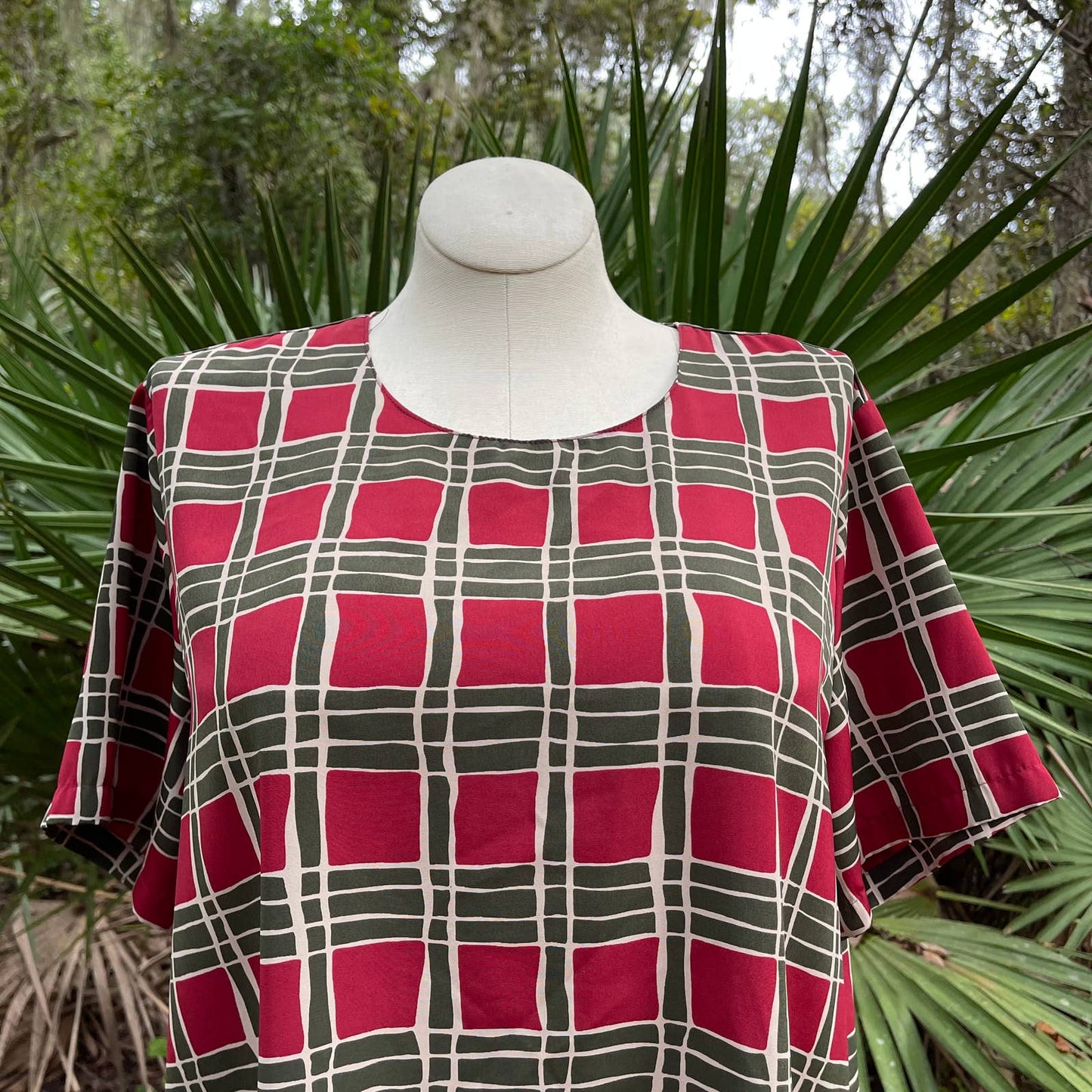 Vintage 90s Abstract Blouse Sketch Plaid Pattern Short Sleeves Liz Baker Size 1X