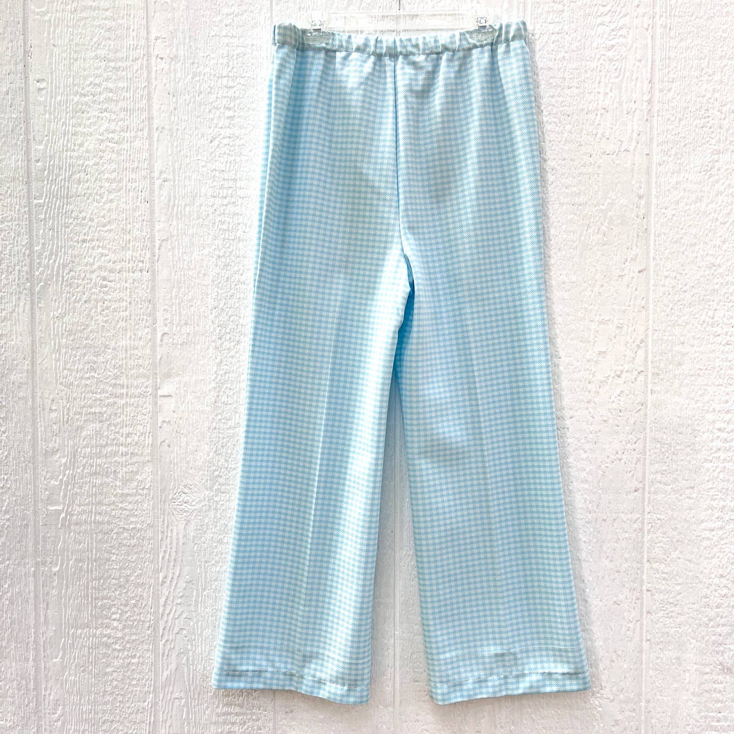 Vintage 70s Blue White Gingham Wide Leg Pull On Pants Double Knit Poly Size XL