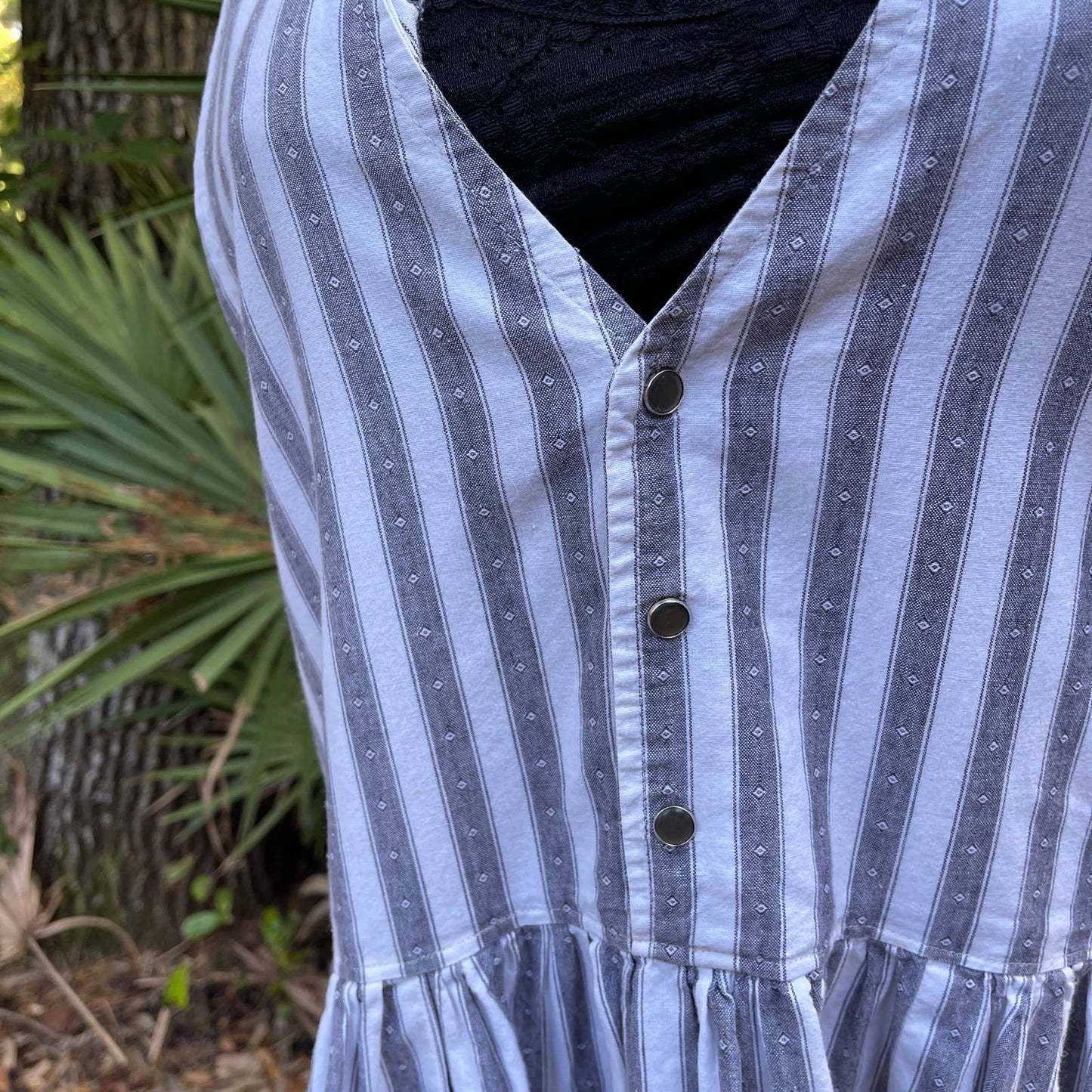 Vintage 80s Striped Jumper Shirt Dress Sleeveless Gray White Midi Pockets Size L
