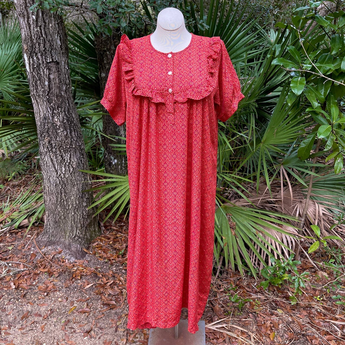 Vintage 70s Red Orange Floral Ruffle Front Prairie Dress Short Sleeves Size M L