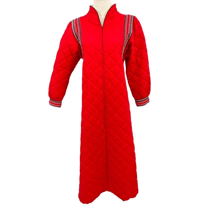 Vintage 70s Red Quilted House Coat Maxi Zip Front Long Sleeve Kayser Size S