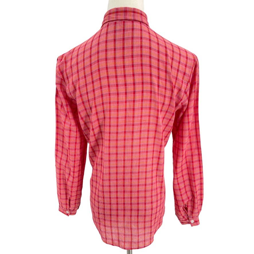 Vintage 70s Red Plaid Cotton Button Up Long Sleeve Collared Blouse Unisex Size S