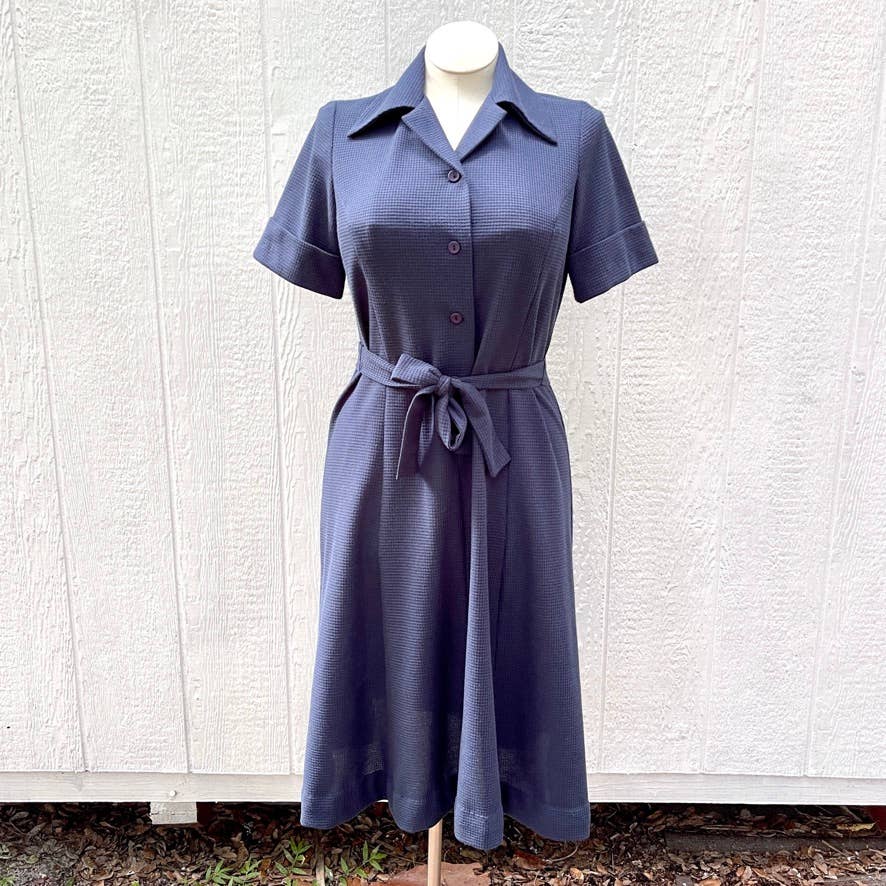 Vintage 70s Blue Waffle Knit Midi Dress Short Sleeve Vneck Buttons Femme Size L