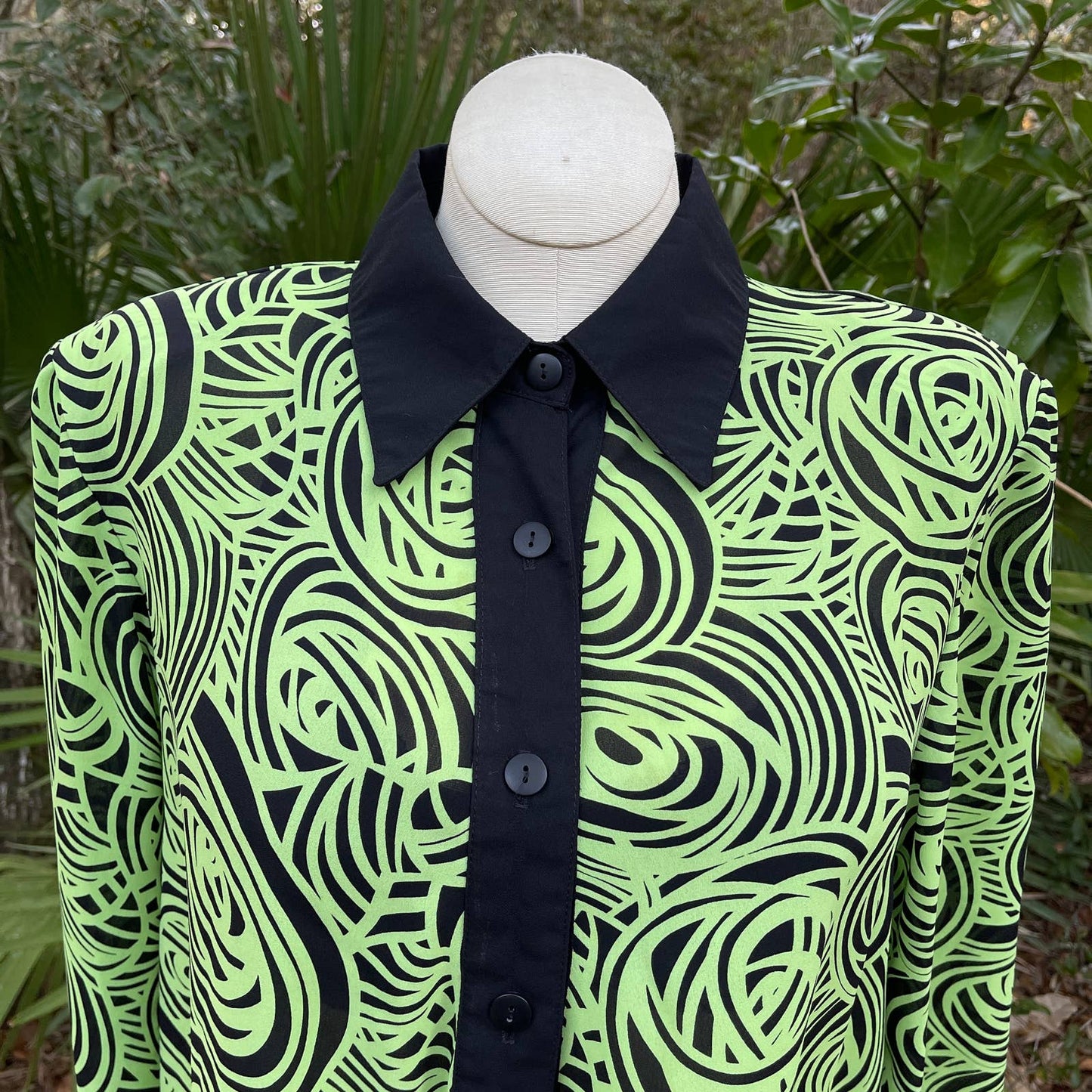 Vintage 80s Foxy Sheer Swirl Print Tunic Front Slit Neon Green Navora Volup L XL