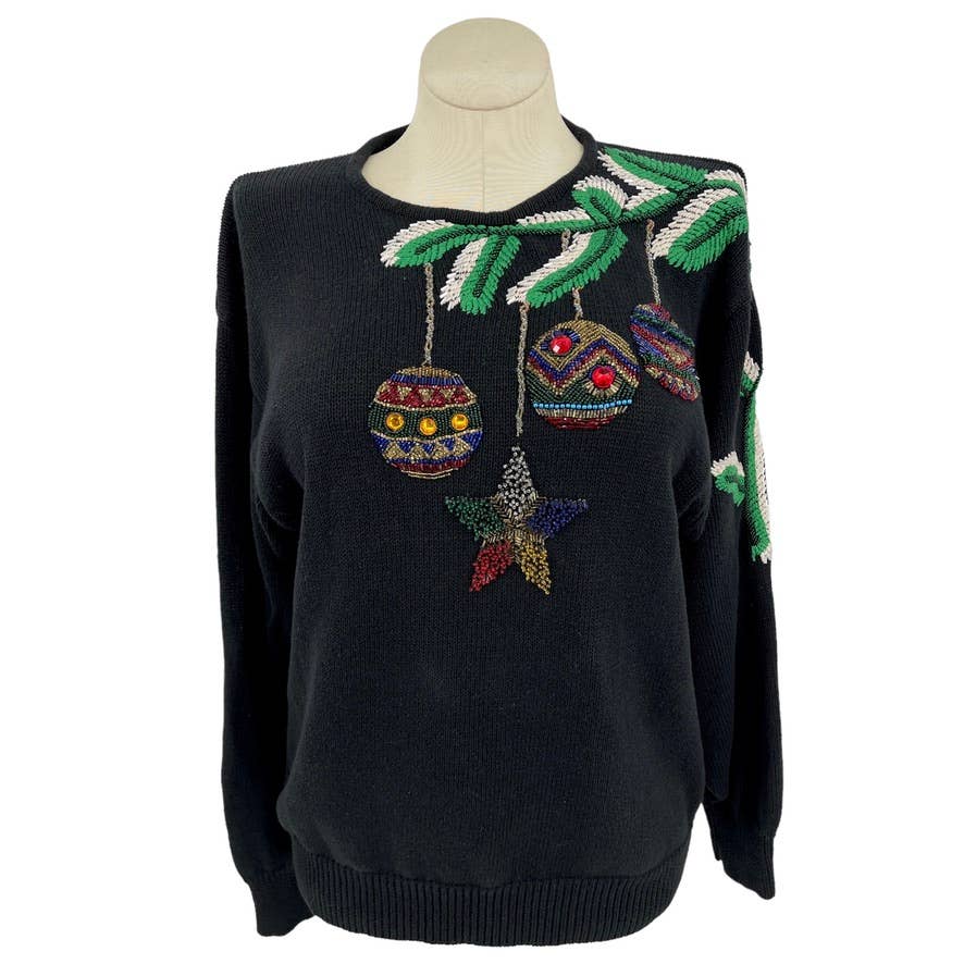 Vintage 90s Black Pine Swag Sweater with Beaded Ornaments Volup IB Diffusions M