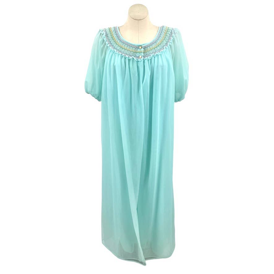 Vintage 60s Aqua Blue Peignoir Set Night Gown Robe Smocked Edward Saykalay M L