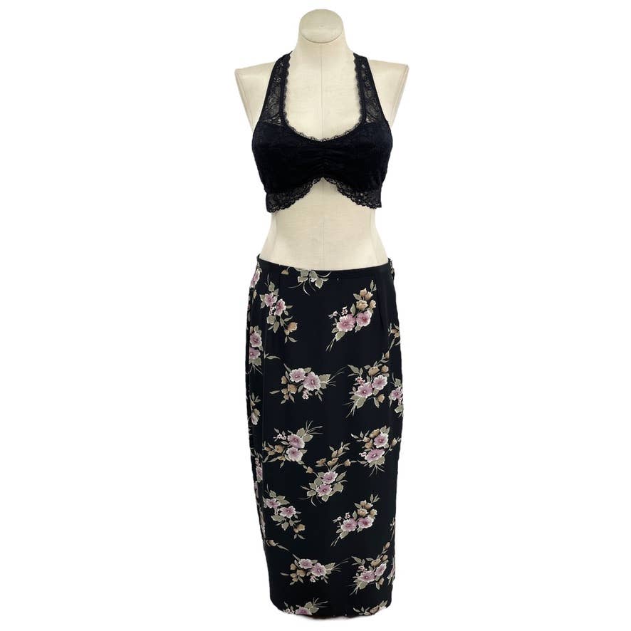 Vintage 90s Black Floral Maxi Skirt Extra Long Lightweight Tall Girl Size 18