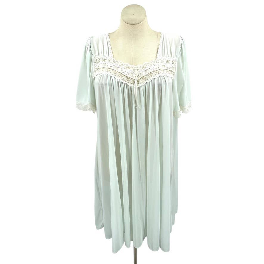 Vintage 80s Blue Tent Style Nightgown Midi Lingerie Sleepwear Lace Trim Size L