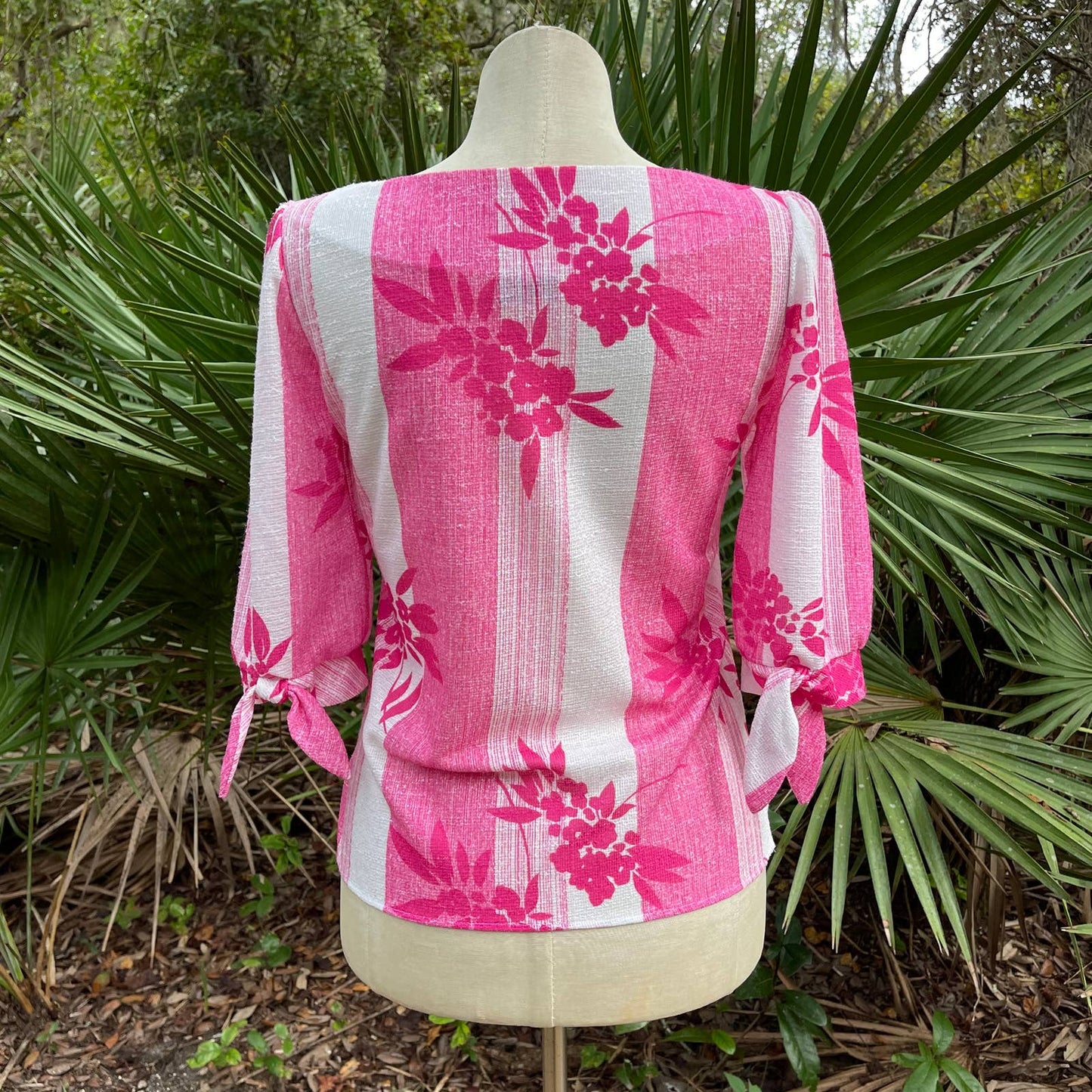 Vintage 80s Blouse 3/4 Sleeve Pink and White Office Chic Lind Claire  Size M L