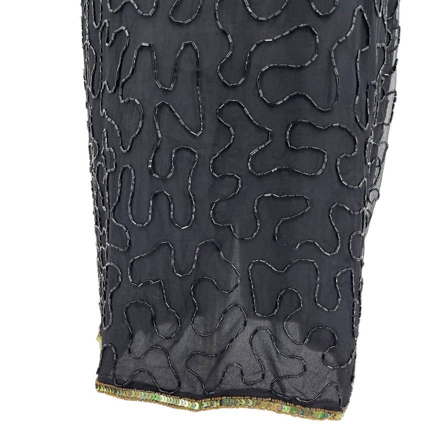 Vintage 80s Black Beaded Midi Dress Sheath Style Sequins Lawrence Kazar Size M