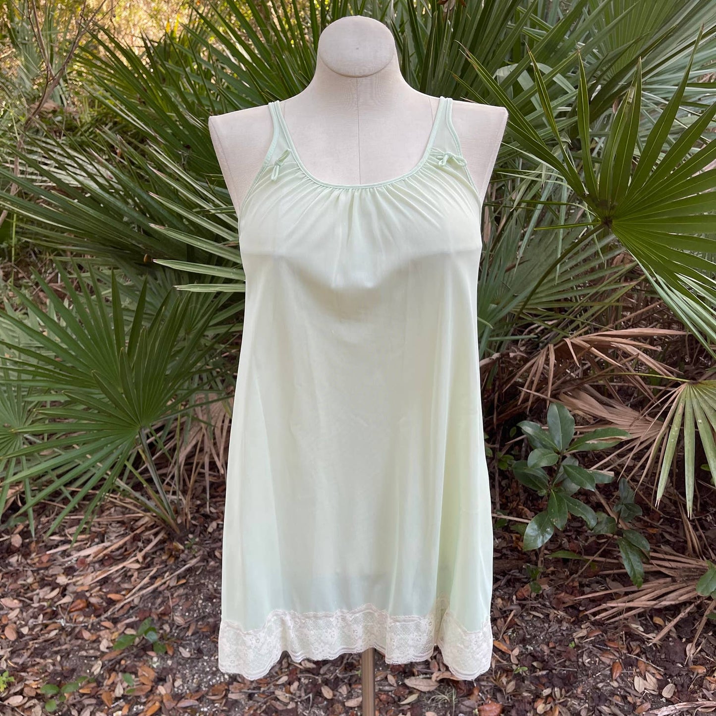 Vintage 60s Green Babydoll Nightgown Lace Hem Sleeveless Berkliff Size S