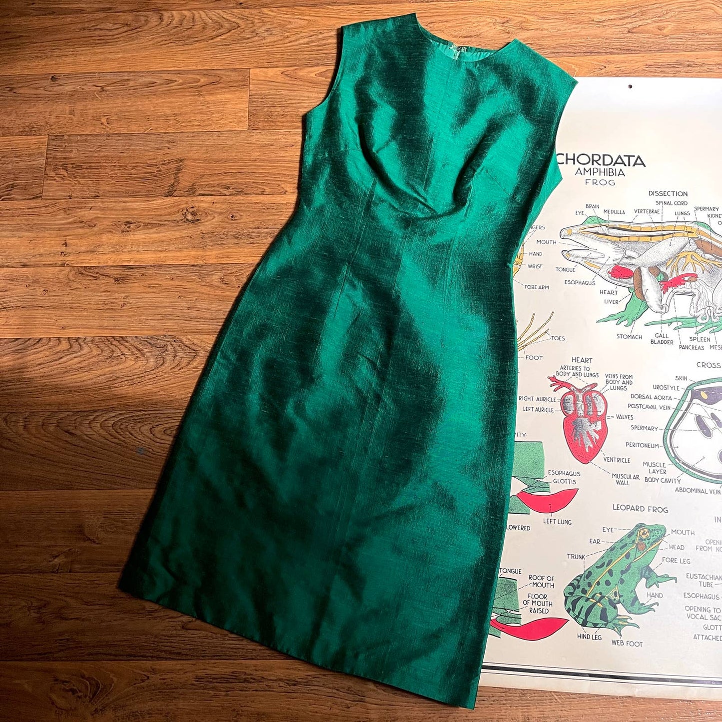 Vintage 60s Emerald Green Set Home Made Dress Skirt Jacket Silk Dupioni Handmade