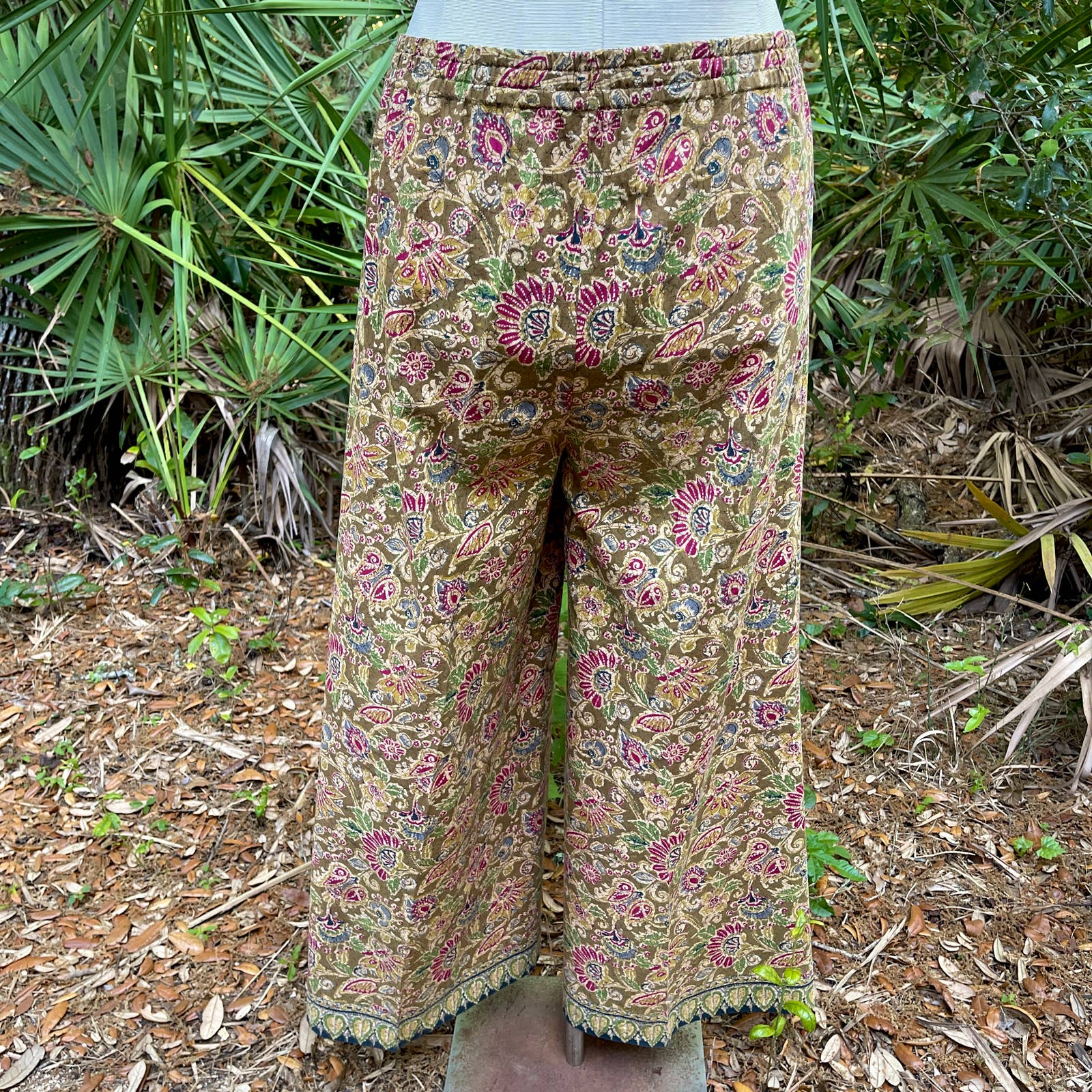 Vintage 90s Wide Leg Pants Batik Olive Green Red Floral Handmade